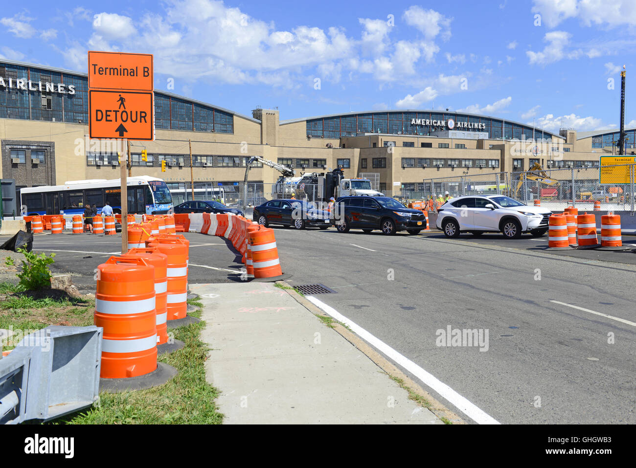 Traffic delays, road work and construction at LaGuardia Airport in New York Stock Photo