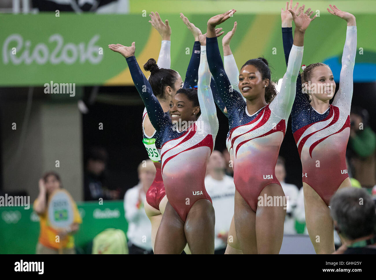 Rio De Janeiro Rj Brazil 9th Aug 16 Olympics Gymnastics Simone Biles Usa Gabrielle Douglas Madison Kocian With Dos Shown Lauren Hernandez And Alexandra Raisman Celebrates Gold Medal In The Women S