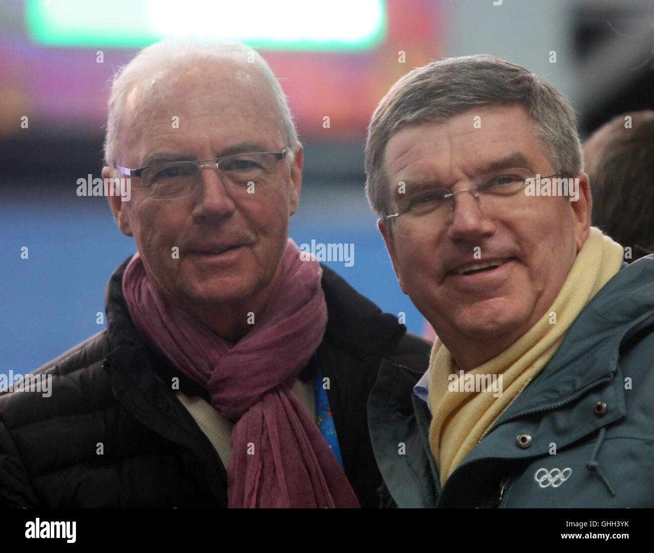 International Olympic Committee (IOC) president Thomas Bach (R) and former German national player Franz Beckenbauer attend the Men's Luge Singles in Sliding Center Sanki at the Sochi 2014 Olympic Games, Krasnaya Polyana, Russia, 09 February 2014. Photo: Fredrik von Erichsen/dpa | usage worldwide Stock Photo