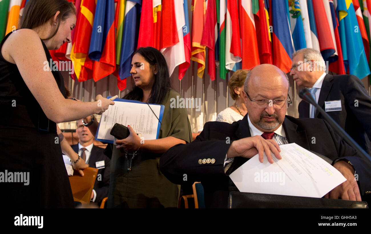 Prague, Czech Republic. 14th Sep, 2016. Three-day 24th economic and environmental forum of the Organisation for Security and Cooperation in Europe (OSCE) starts in Prague, Czech Republic, September 14, 2016. Secretary General of the Organization for Security and Co-operation in Europe (OSCE) Lamberto Zannier prepares for opening speeches. © Michal Kamaryt/CTK Photo/Alamy Live News Stock Photo