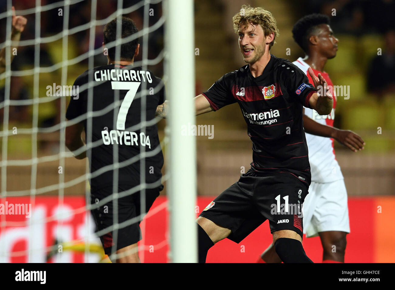 Monaco, Monaco. 27th Sep, 2016. Javier Hernandez (l) and Stefan Kiessling of Bayer Leverkusen celebrates after scoring the 1:0 lead during the UEFA Champions League Group E match between AS Monaco and Bayer Leverkusen at Stade Louis II in Monaco, 27 September 2016. Photo: Federico Gambarini/dpa/Alamy Live News Stock Photo