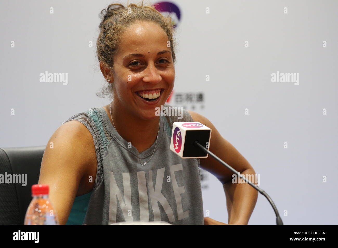 Wuhan, Wuhan, China. 28th Sep, 2016.  American tennis player Madison Keys attends the press conference after a competition at WTA Wuhan Open in Wuhan, central ChinaÂ¡Â¯s Hubei Province, September 28, 2016. Credit:  SIPA Asia/ZUMA Wire/Alamy Live News Stock Photo