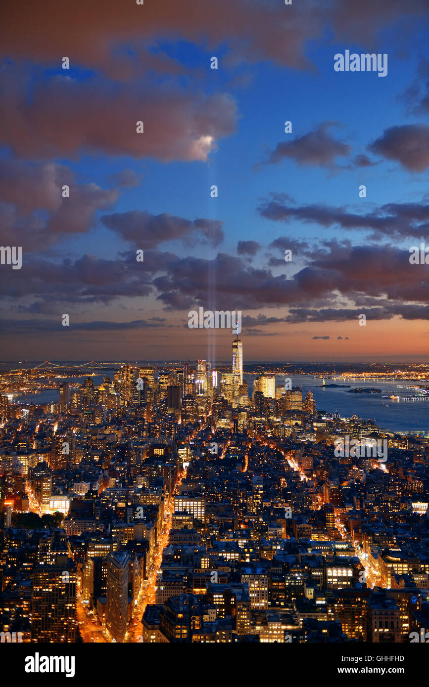 New York City downtown skyline view at night with September 11 tribute ...