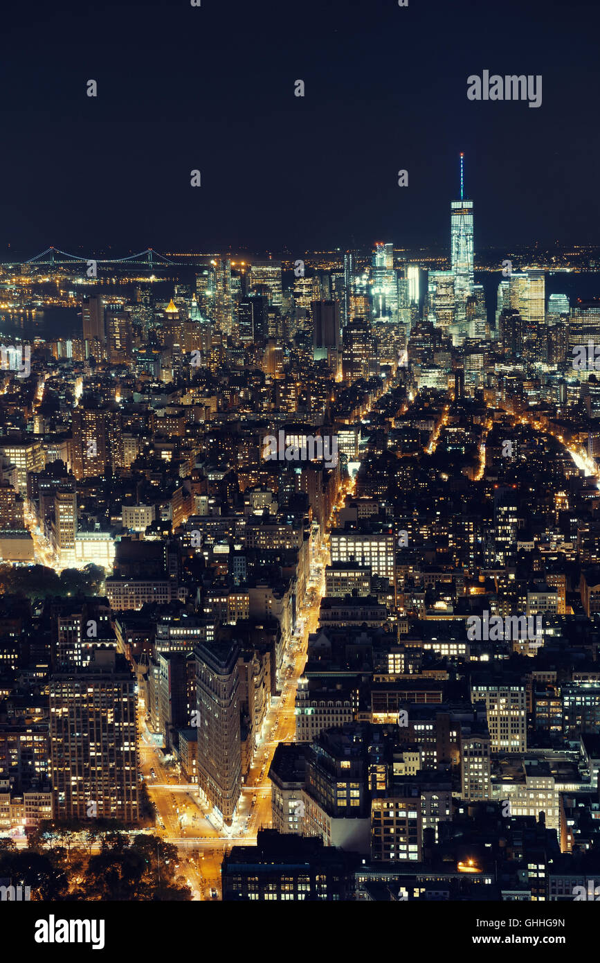 New York City downtown skyline view at night Stock Photo - Alamy