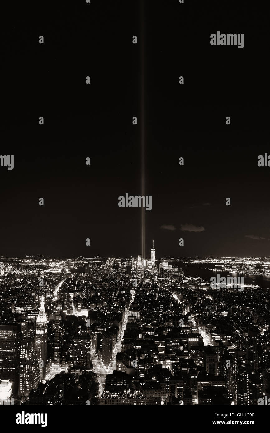 New York City downtown skyline view at night with September 11 tribute ...