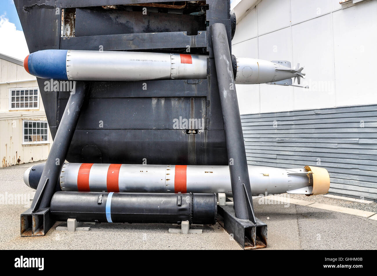 Submarine bow with torpedo tubes on display outside the Western Australian Maritime Museum in Fremantle, Western Australia. Stock Photo