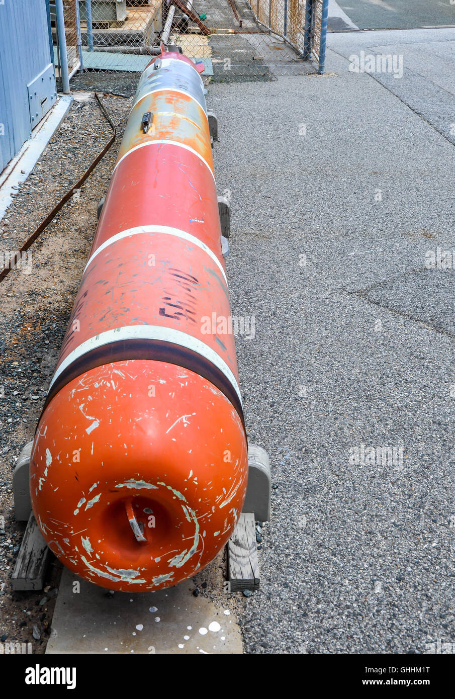 Orange and blue colorful torpedo tube missile display near the Western