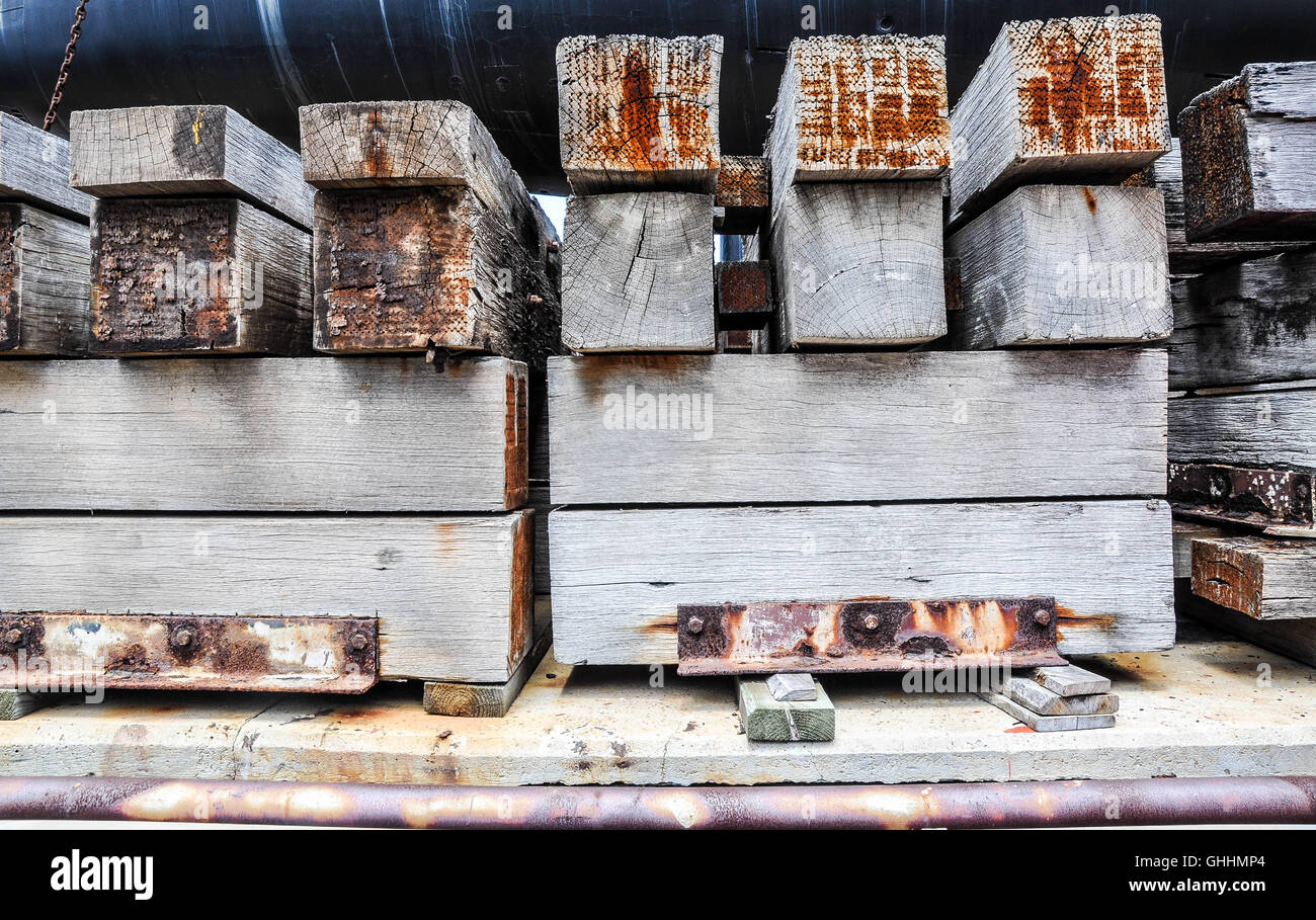 Closeup of rusted wood material, dunnage, use for cargo hold or transportation in the shipping