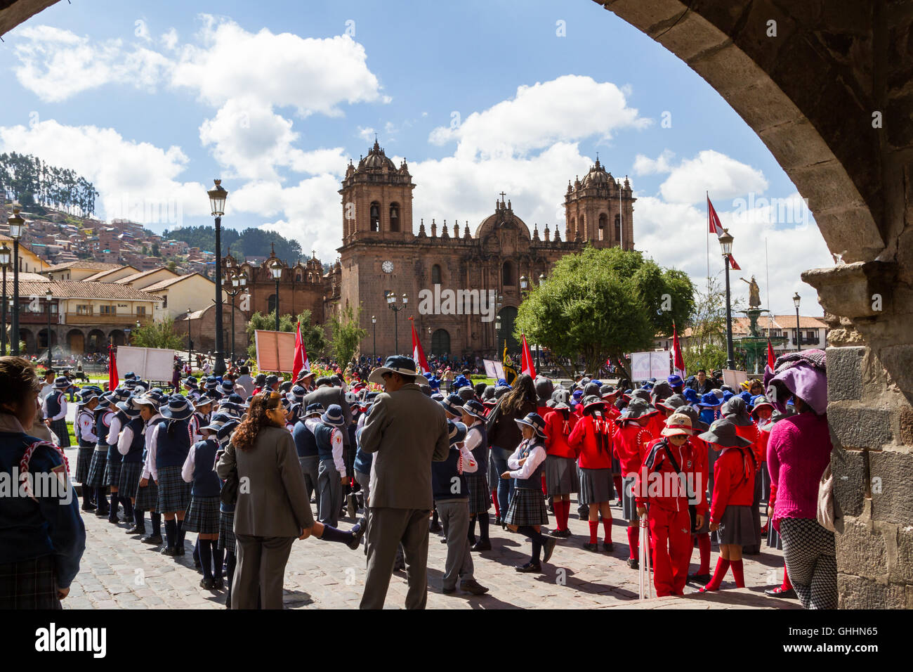 Cusco, Peru - May 12 : School children in uniform in a civic parade celebrating National Independence, parade known as the swear Stock Photo