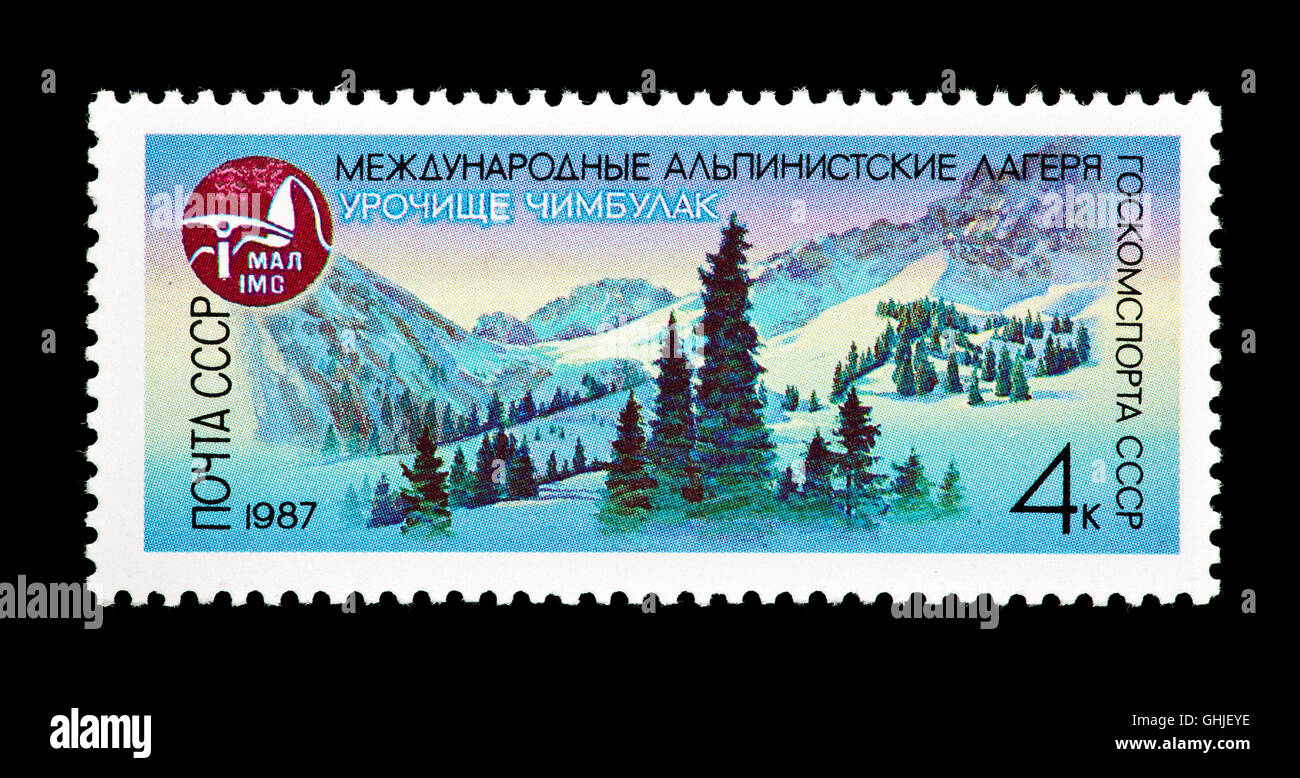 Postage stamp from the Soviet Union depicting the alpine camp at Chimbulak gorge Stock Photo