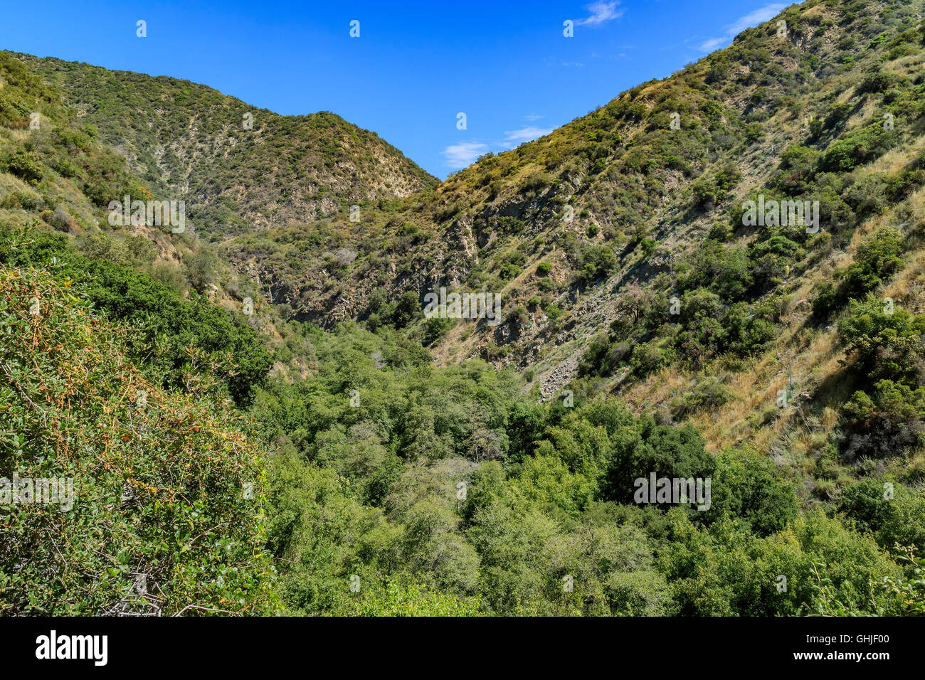 Hiking in Fish Canyon Falls Trail, Los Angeles Stock Photo