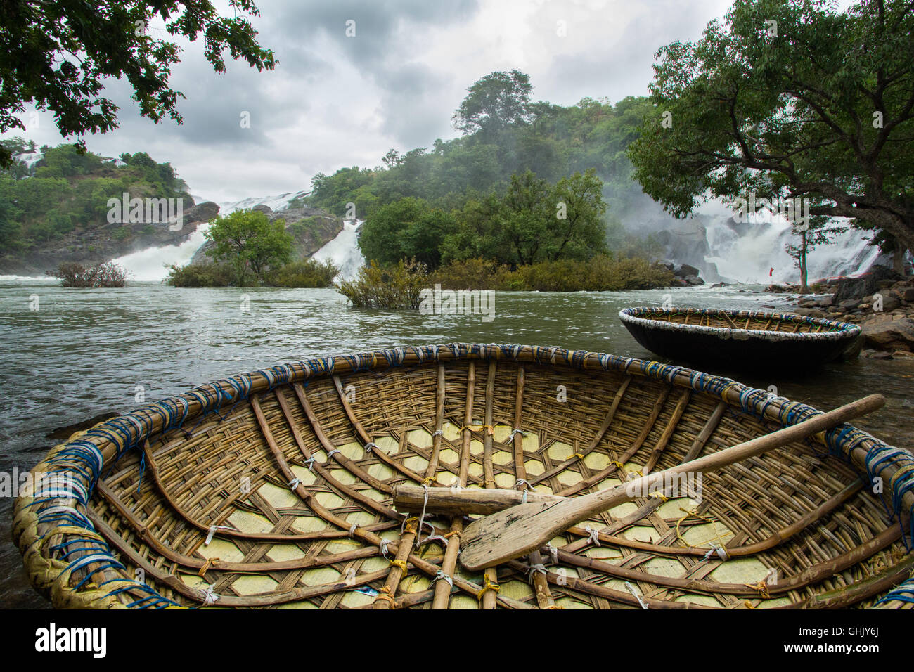 Coracles (traditional bamboo round boats,harigolu) seen at