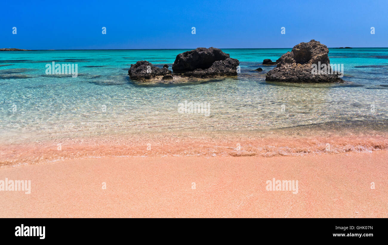 Pink sand of the Elafonisi beach, island of Crete, Greece Stock Photo