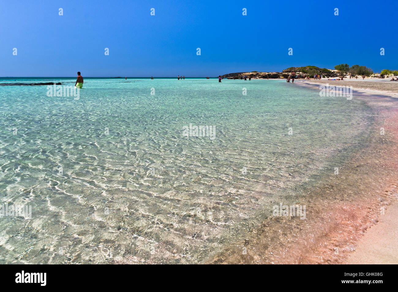 Amazing beauty of shallow crystal clear waters at Elafonisi beach, island of Crete Stock Photo