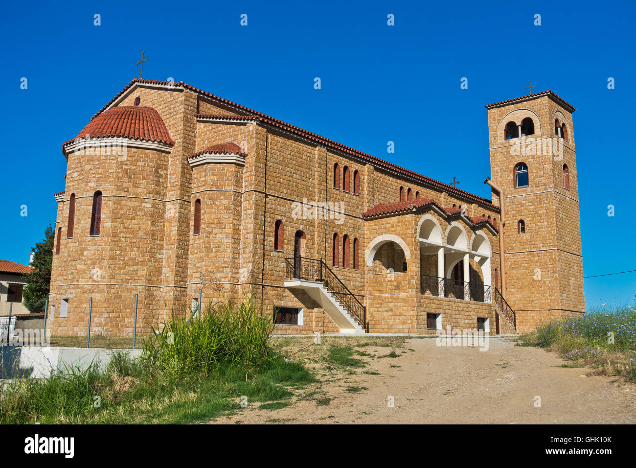 Greek orthodox church near mediterranean coast at Sithonia Stock Photo