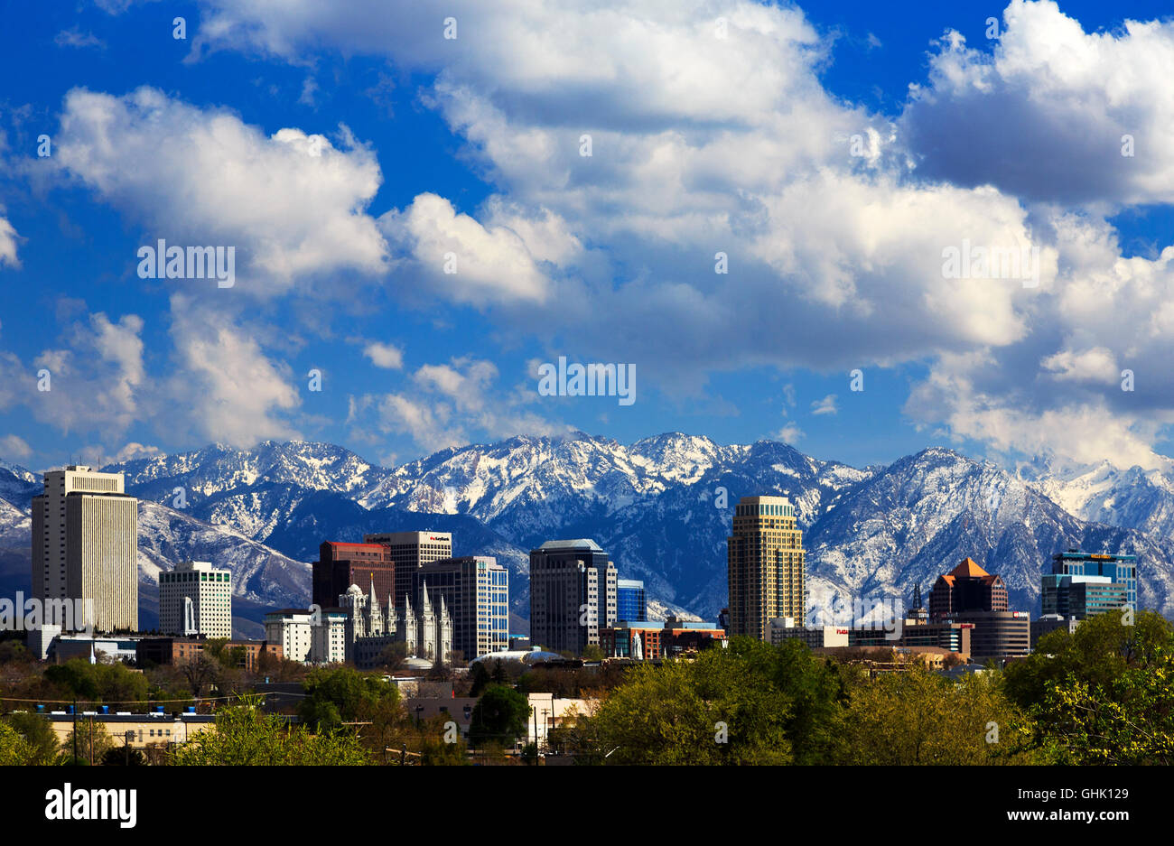 This is a view of the Salt Lake City Utah, USA skyline on a beautiful springtime day. Stock Photo