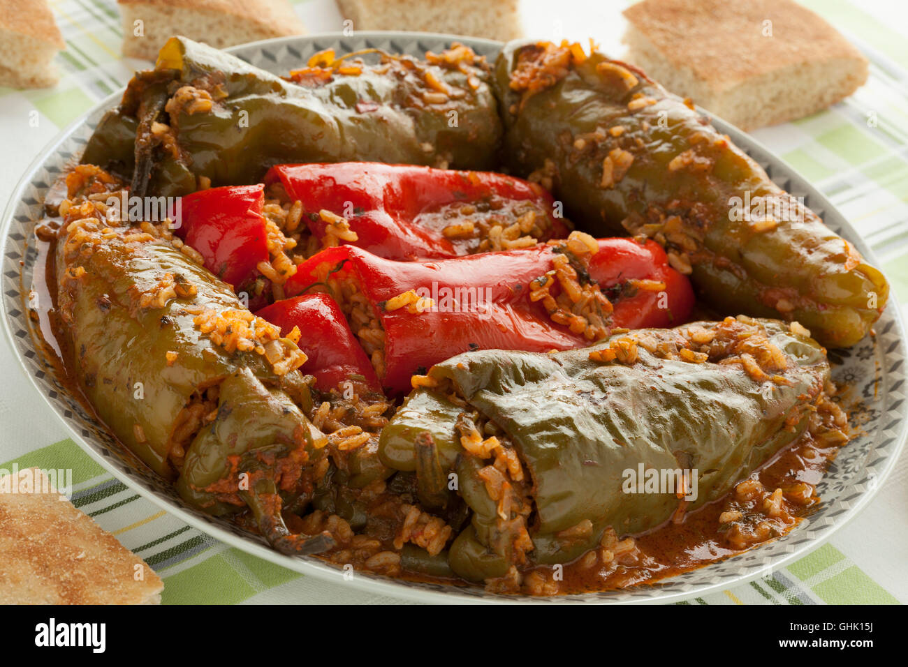 Traditional Moroccan dish with stuffed bell peppers and rice Stock Photo