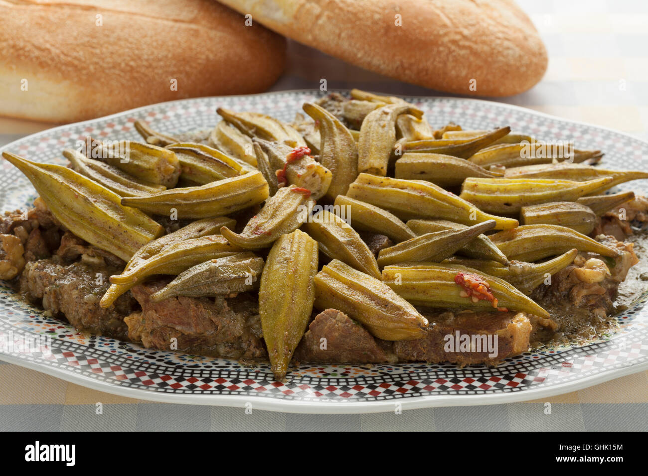 Traditional  Moroccan dish with meat and okra, Mloukhiya Stock Photo
