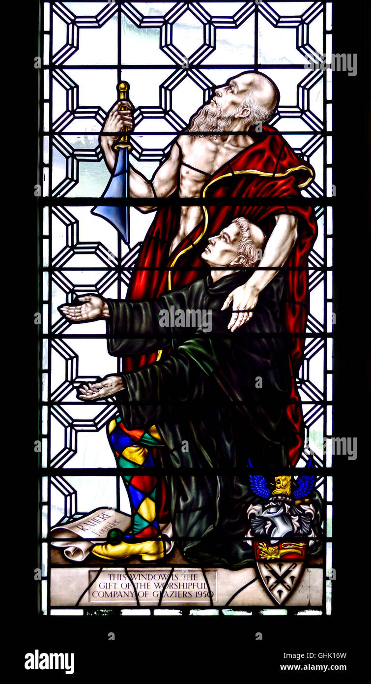 London England, UK. Church of St Bartholomew the Less. Stained glass window: St Bartholomew and Rahere (Anglo-Norman monk) Stock Photo