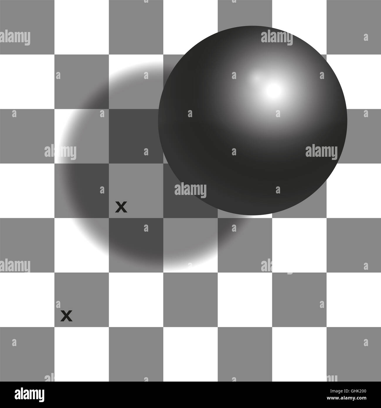 Checker shadow illusion - the two squares with x mark are the same shade of gray. Stock Photo