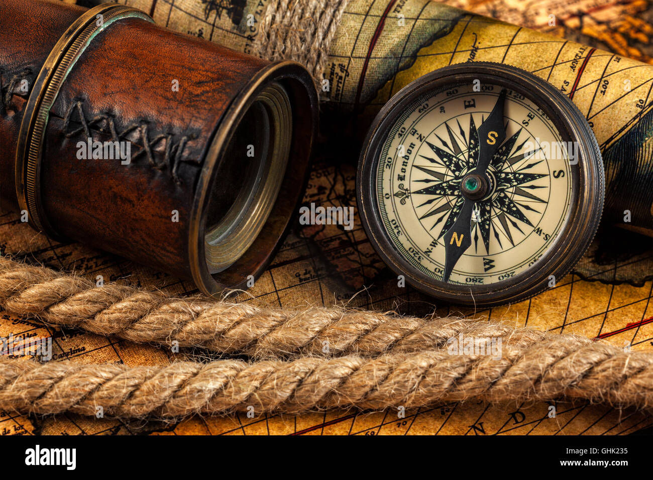 Old Vintage Compass And Navigation Instruments On Ancient