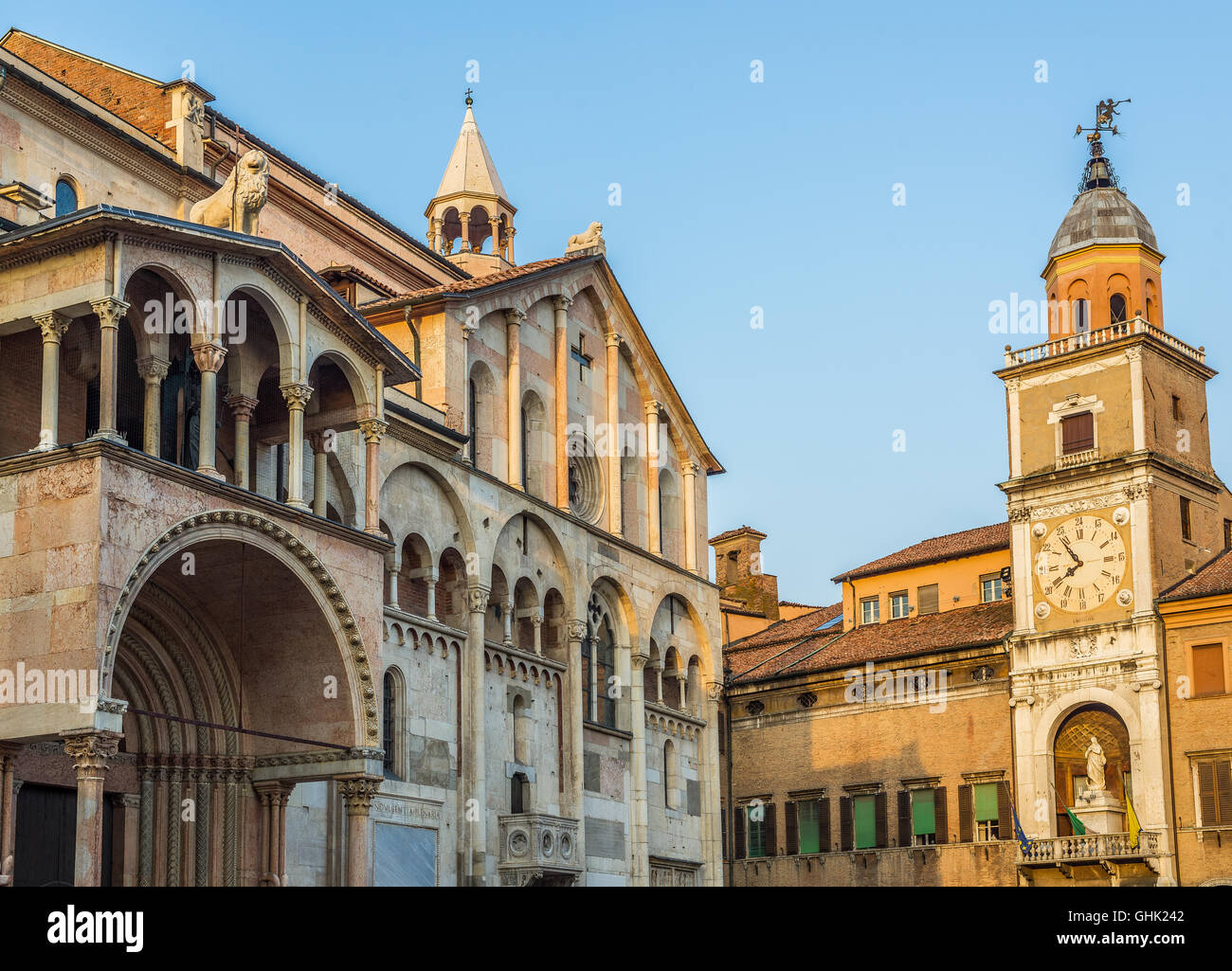 Metropolitan Cathedral of Santa Maria Assunta San Geminiano and the Palazzo Comunale, city hall, Piazza Grande of Modena. Italy. Stock Photo