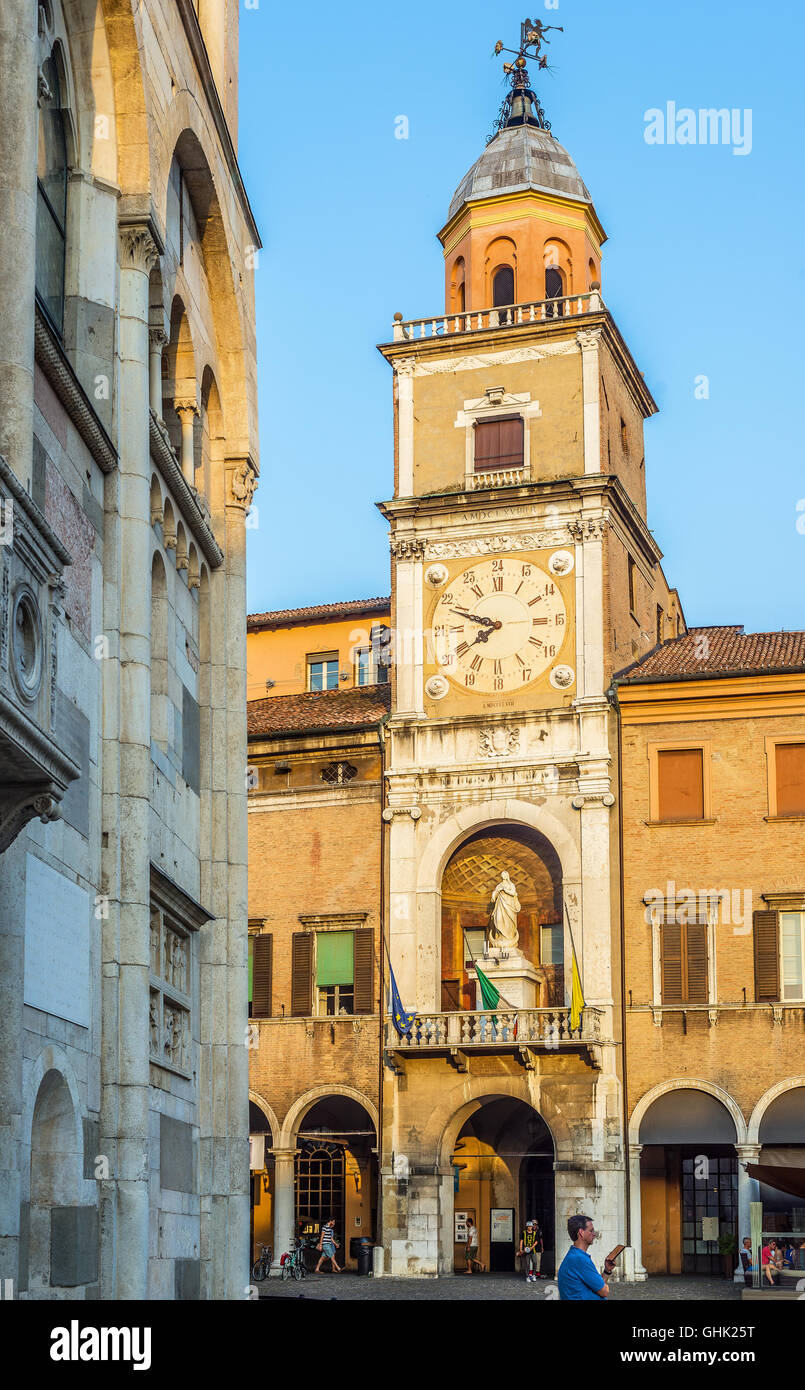 Torre delle Orologio, Clock tower, of Palazzo Comunale, city hall, in Piazza Grande of Modena. Italy Stock Photo