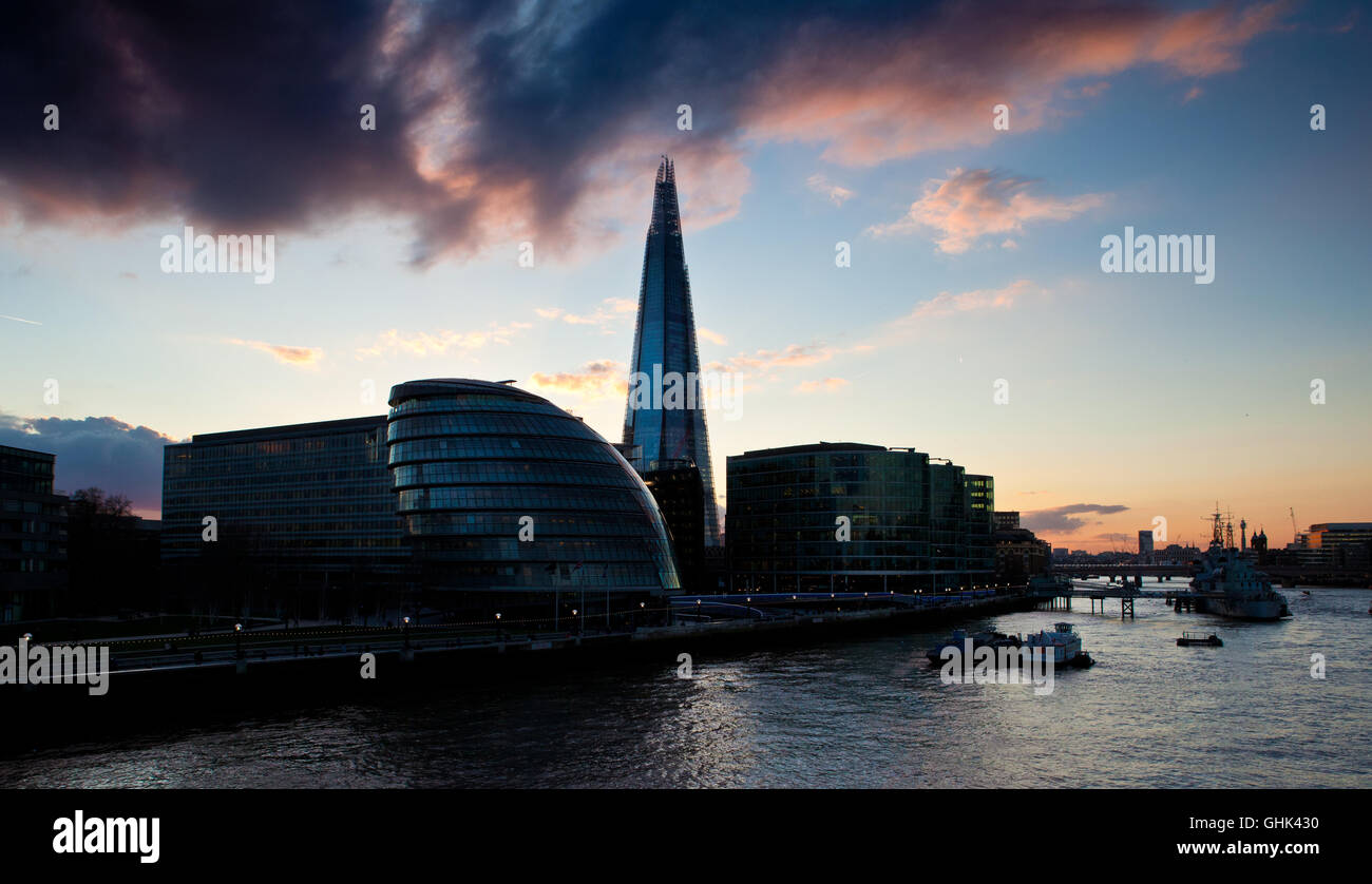 London South Bank - City Hall with the shard in the background and dusk Stock Photo