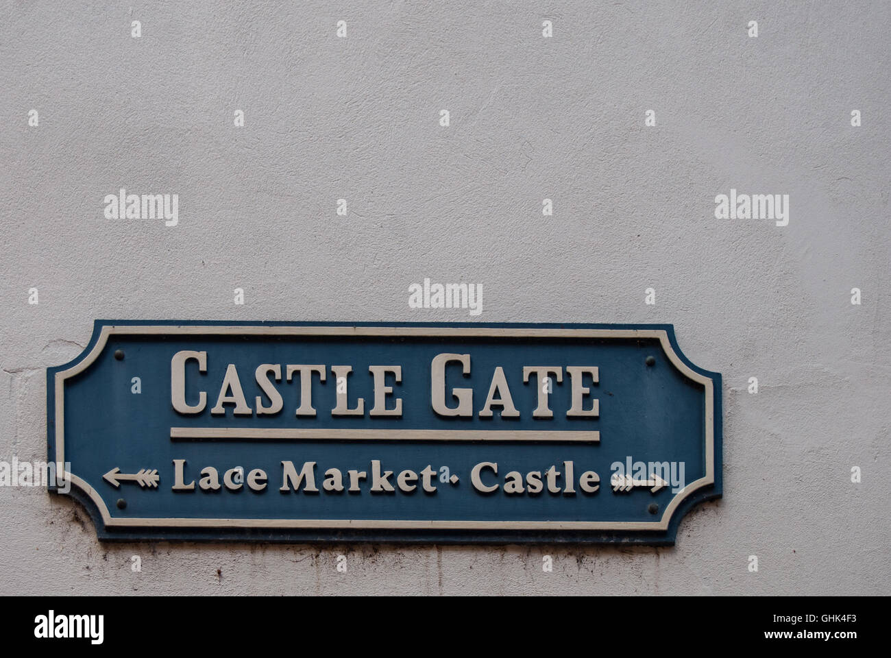 Nottingham Street sign for Castle Gate, Lace Market and Castle Stock