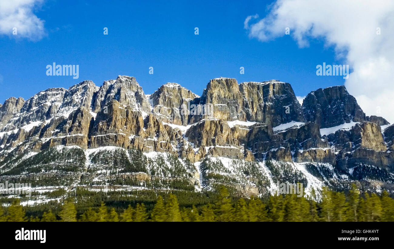 View of rugged Castle Mountain near Banff, seen along the Trans Canada Hwy in the Banff, Alberta area. Stock Photo