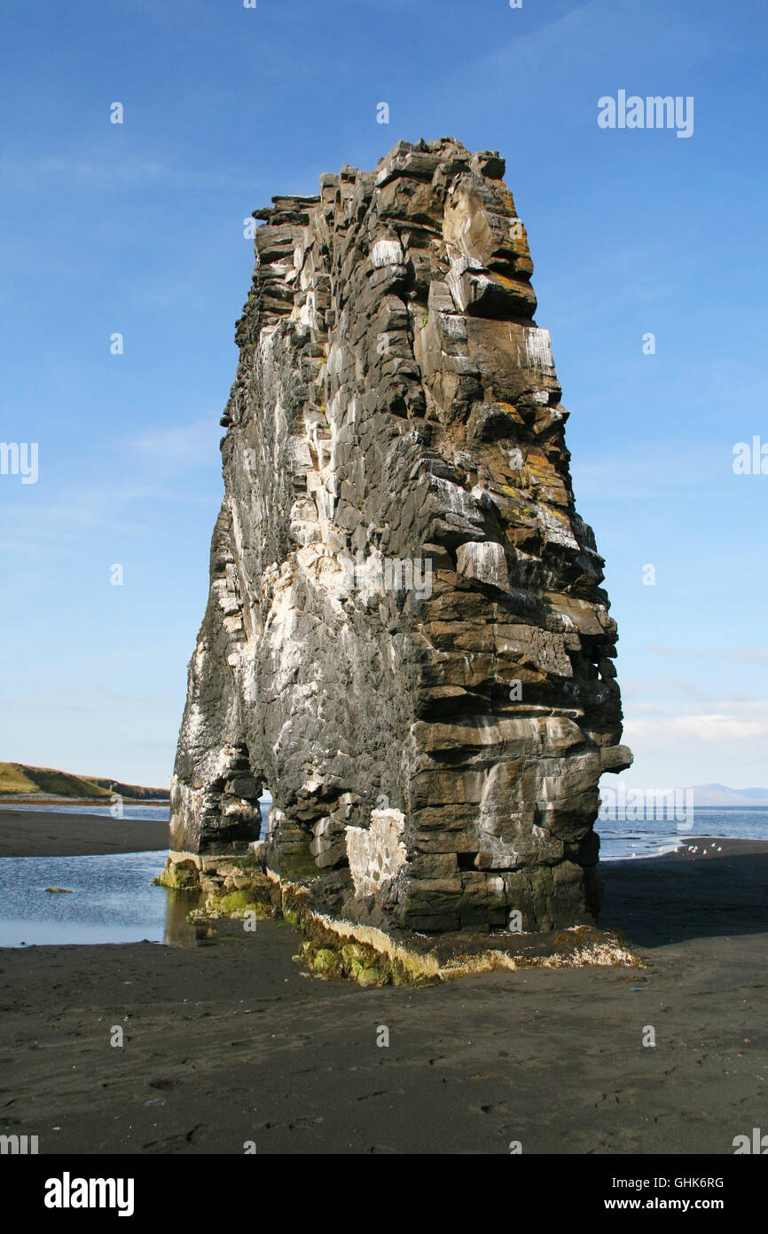 Crag of Hvitserkur in the beach of Osar, Northern Iceland. Stock Photo