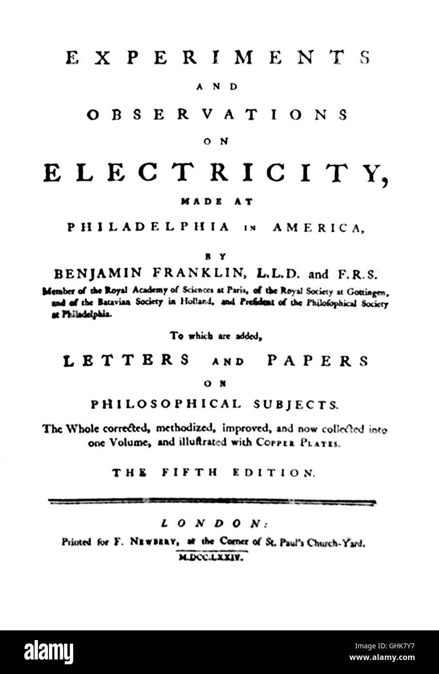 Franklin's 'Experiments with Electricity', 1774 Stock Photo