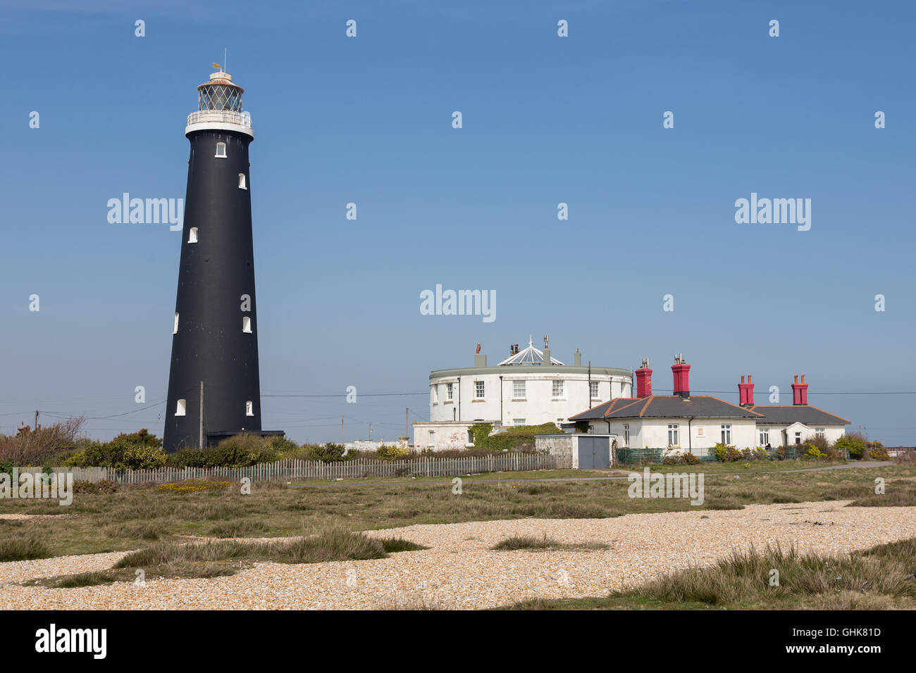 Old Dungeness Lighthouse and houses at Dungeness, Romney Marsh, Kent
