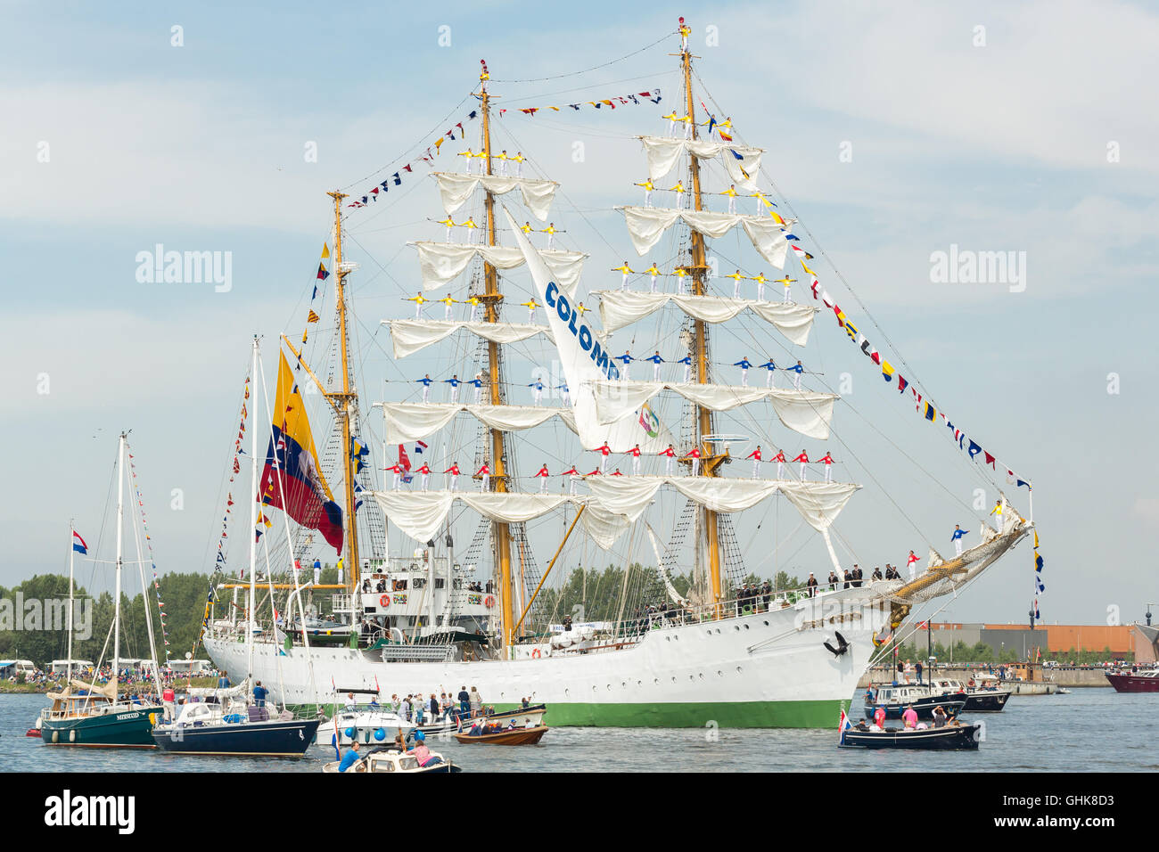 AMSTERDAM, THE NETHERLANDS, AUGUST 19, 2015: Cadets from the Naval school on the Colombian ARC Gloria standing on the masts duri Stock Photo