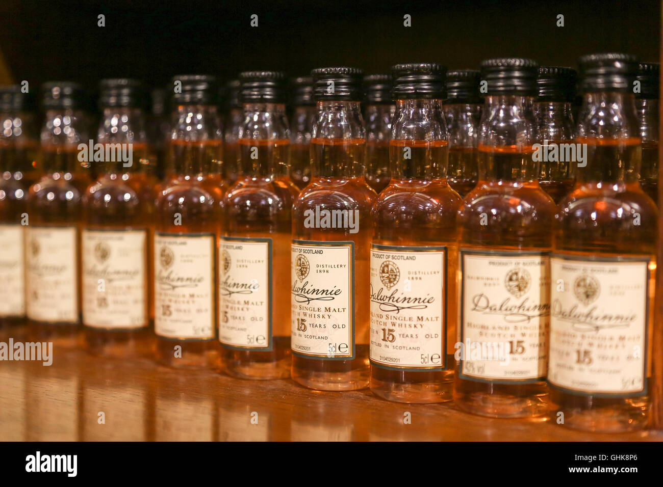 Small bottles of Dalwhinnie single malt whisky - produced at Scotlands highest distillery Stock Photo