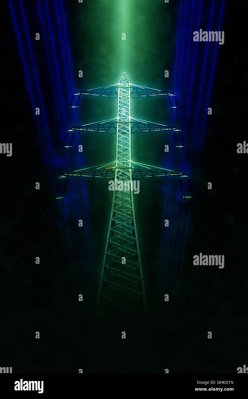 Digitally enhanced image of a High voltage power lines and pylon Stock ...