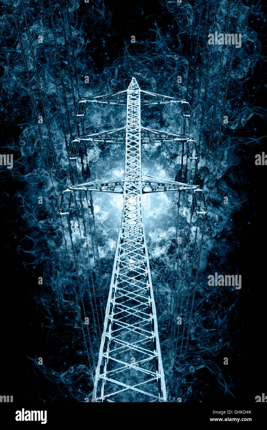 Digitally enhanced image of a High voltage power lines and pylon Stock ...