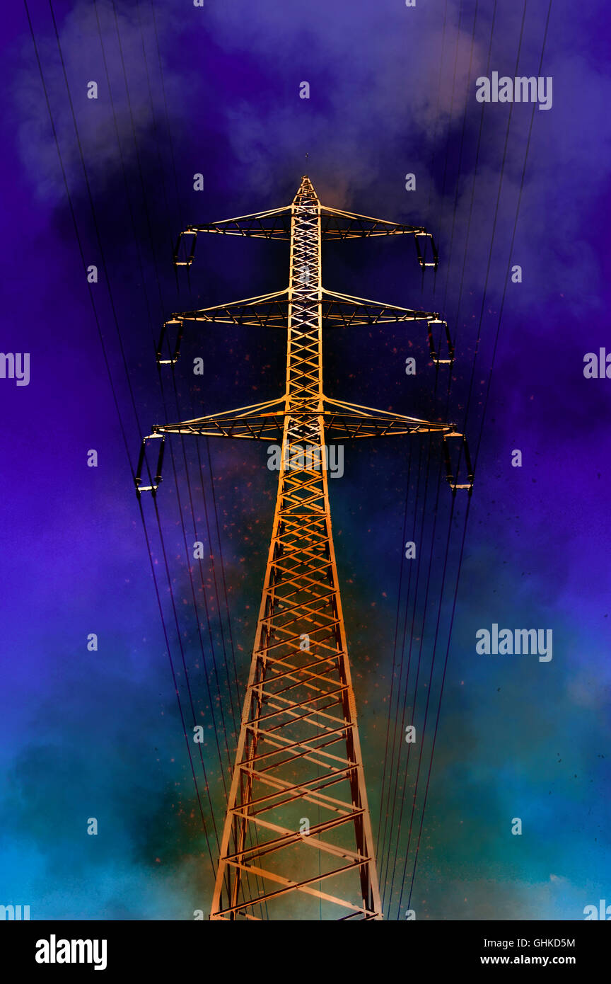 Digitally enhanced image of a High voltage power lines and pylon Stock ...