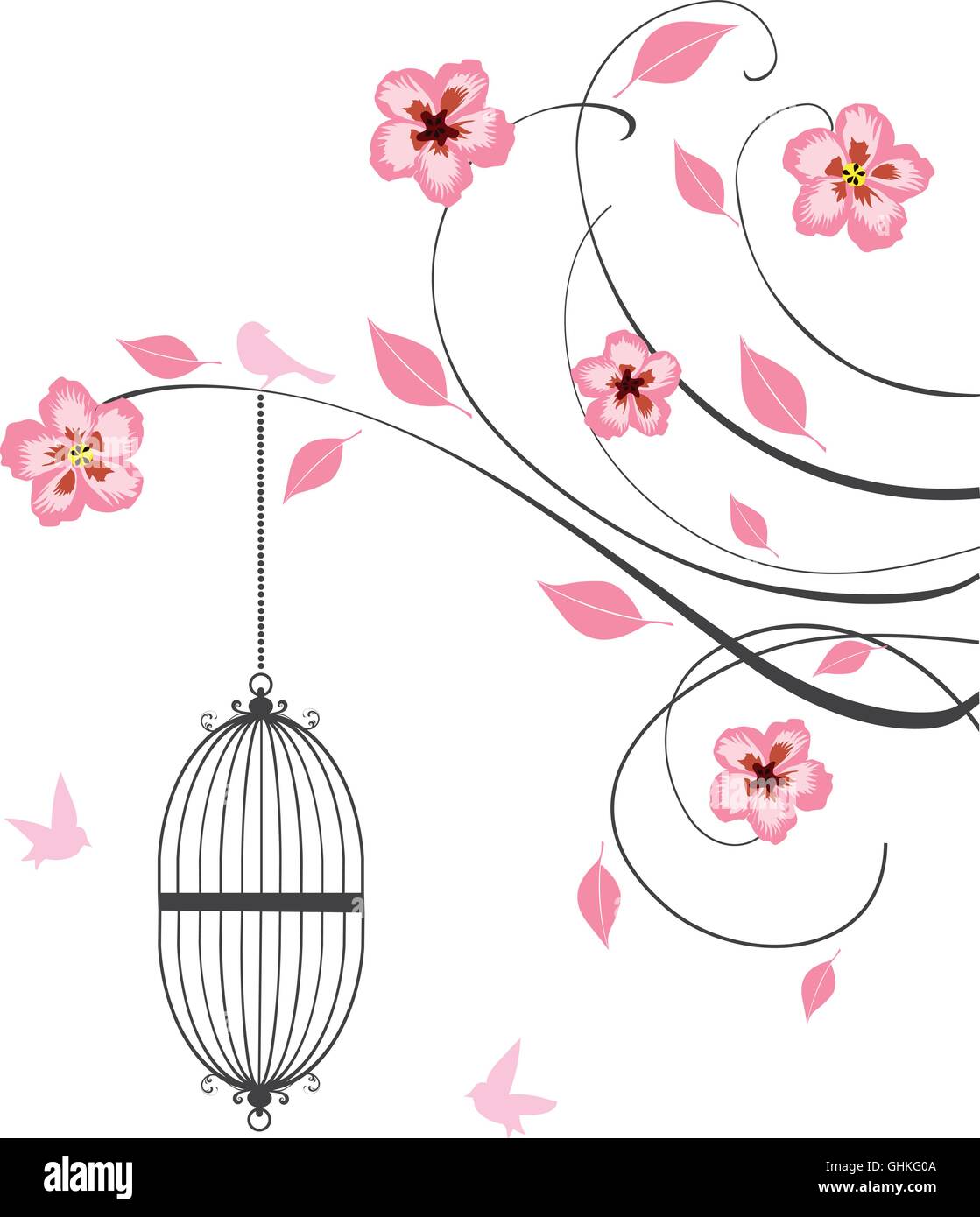vector illustration of a vintage background with bird cages and flowers ...
