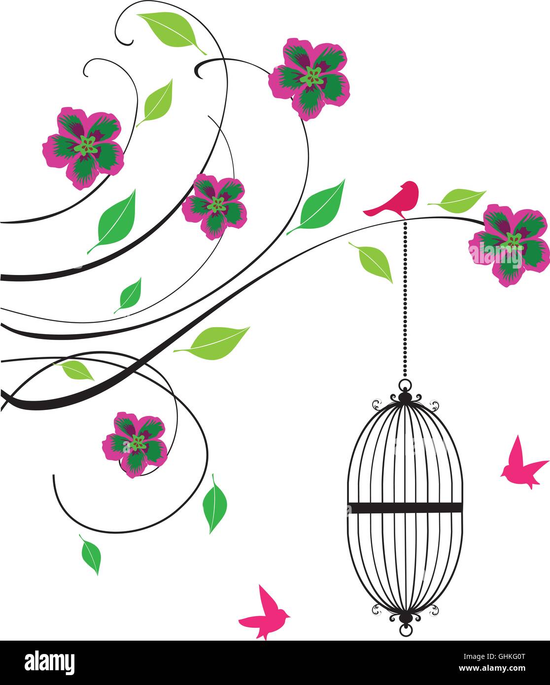 vector illustration of a vintage background with bird cages and flowers ...