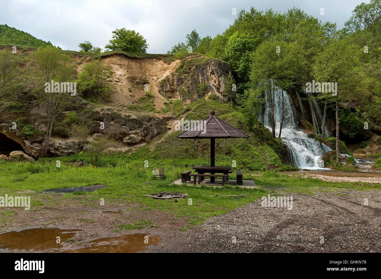 River Bigar in Serbia - waterfall cascade and summer-house, Europe Stock Photo