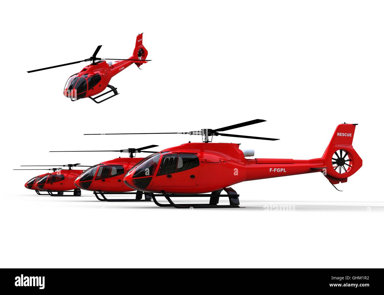 3D render image representing a Rescuer Helicopters fleet with one in the air Stock Photo