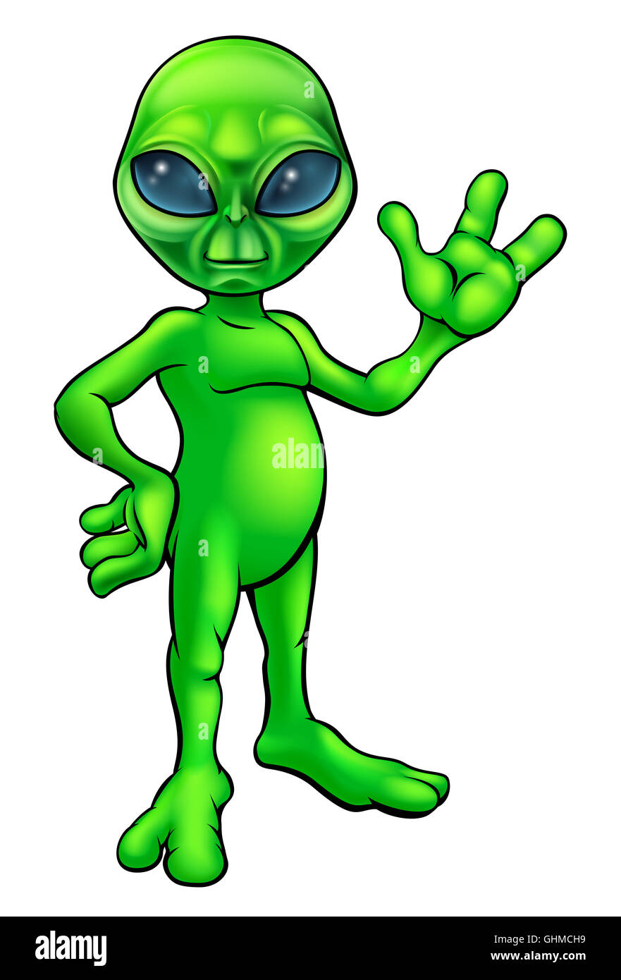 A little green man alien cartoon character waving Stock Photo