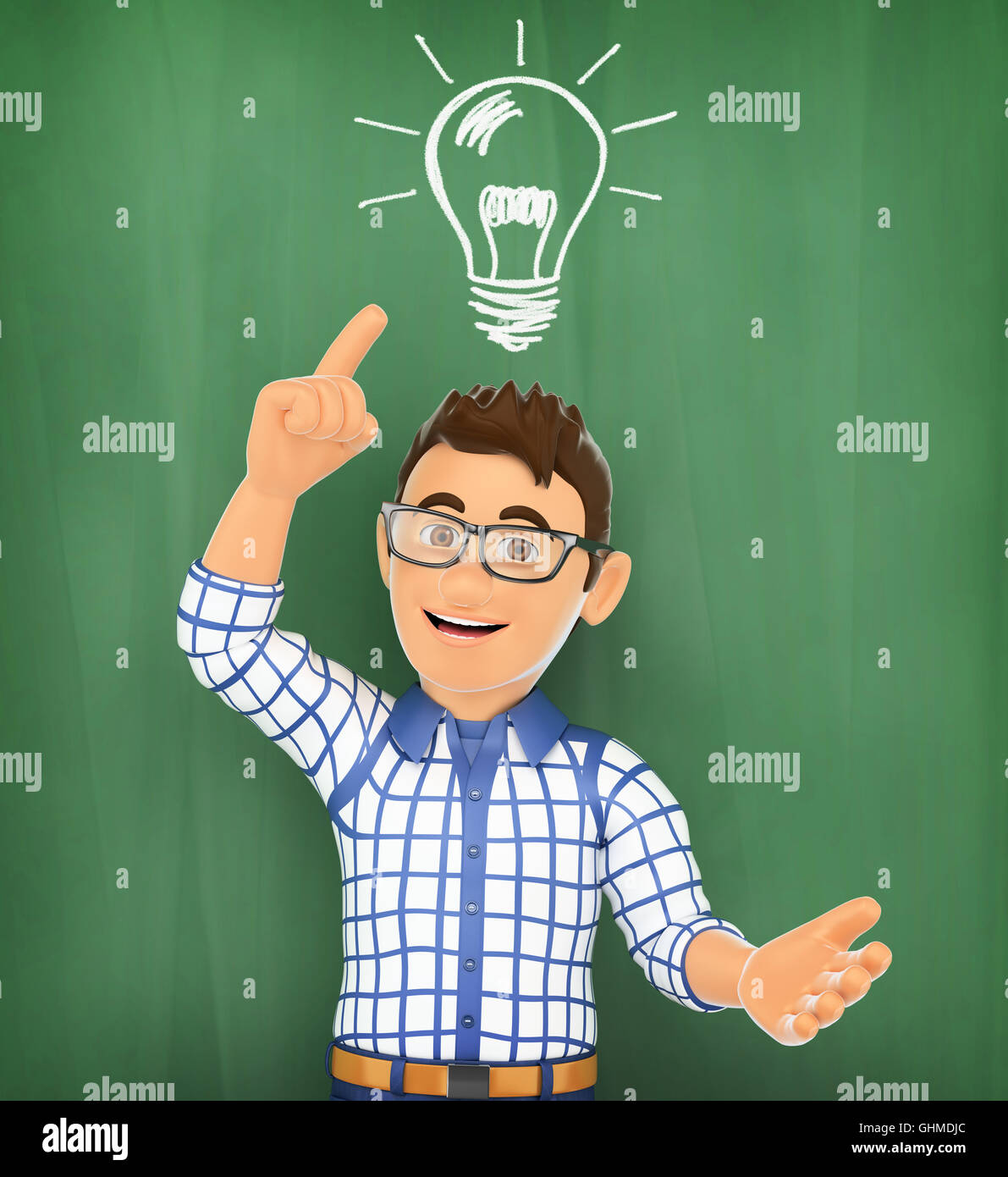 3d education people illustration. Young student with a bulb light on a chalk. Idea concept Stock Photo