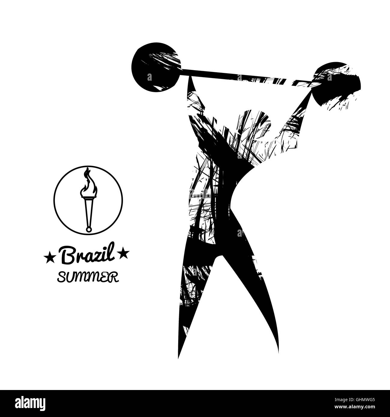 Brazil summer sport card with an abstract weightlifter, in black outlines. Digital vector image Stock Photo