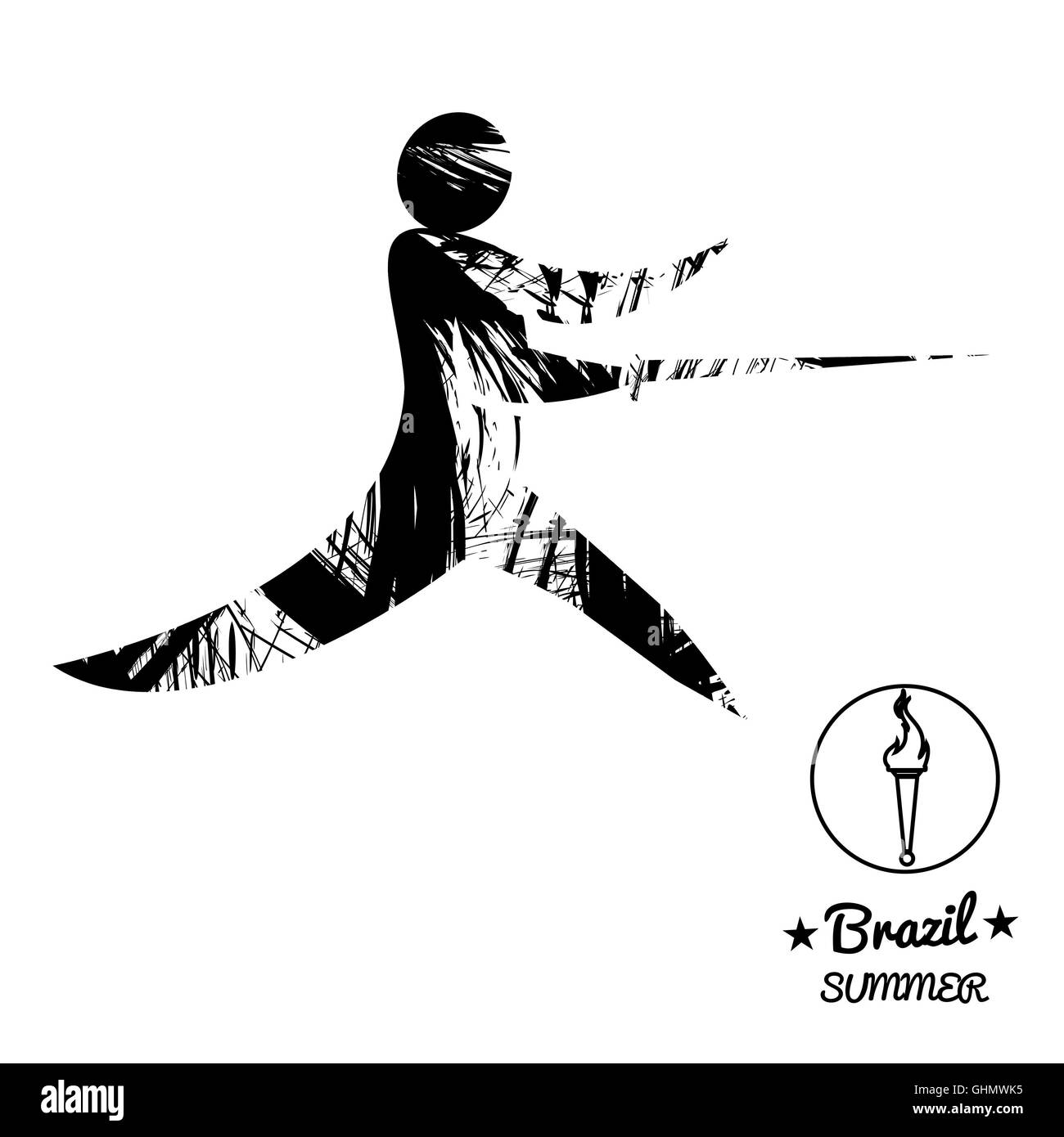 Brazil summer sport card with an abstract fencer, in black outlines. Digital vector image Stock Photo