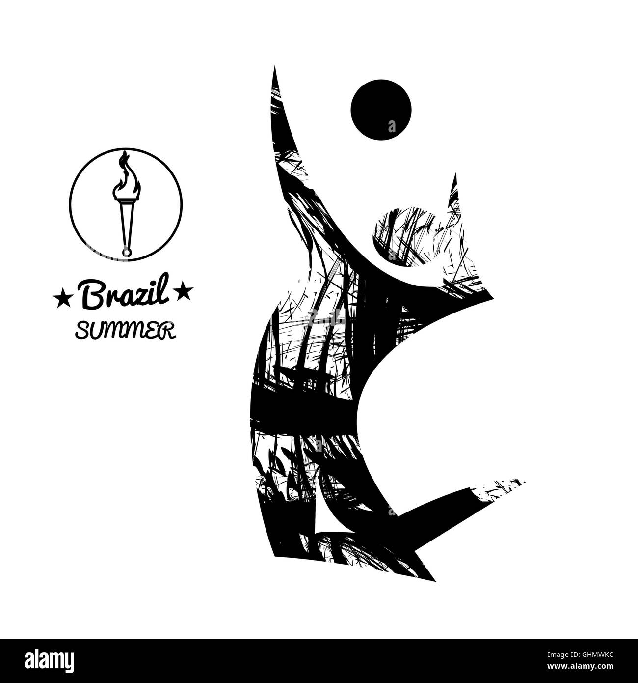 Brazil summer sport card with an abstract volley player jumping, in black outlines. Digital vector image Stock Photo
