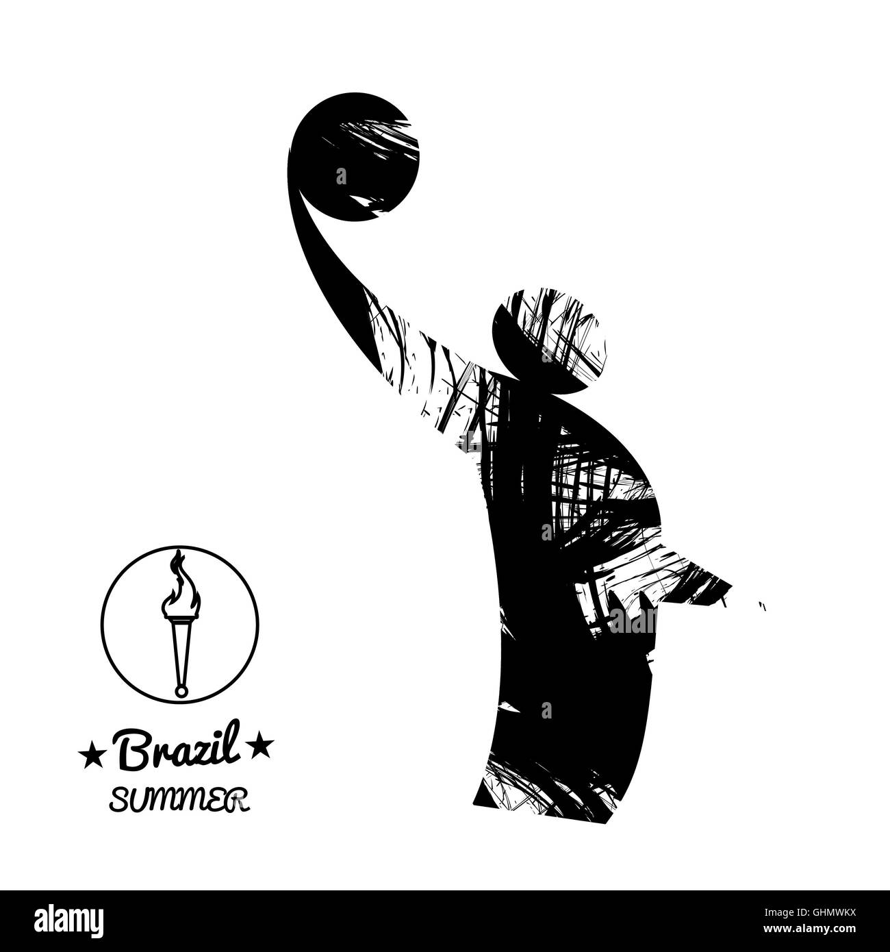 Brazil summer sport card with an abstract volley player jumping, in black outlines. Digital vector image Stock Photo