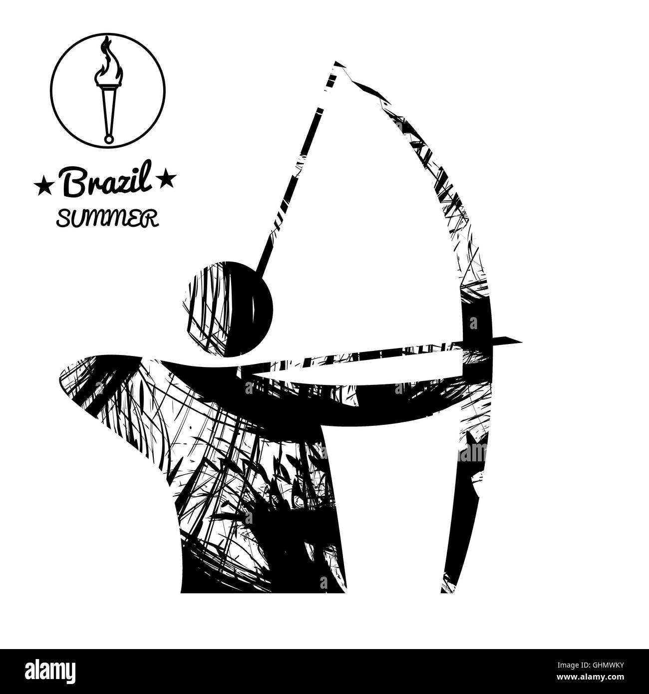 Brazil summer sport card with an abstract archery player, in black outlines. Digital vector image Stock Photo