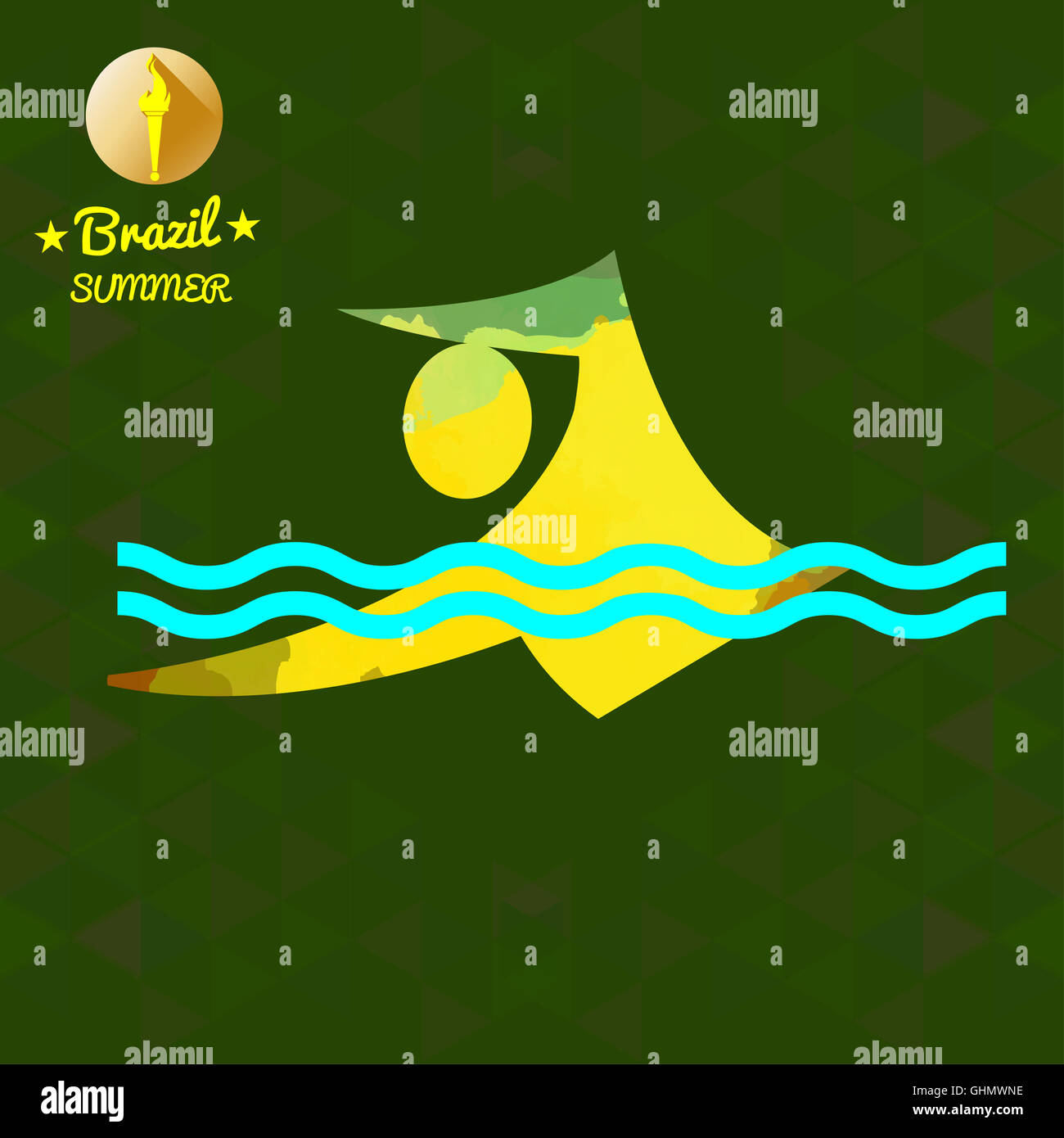 Brazil summer sport card with an yellow abstract swimmer. Digital vector image Stock Photo